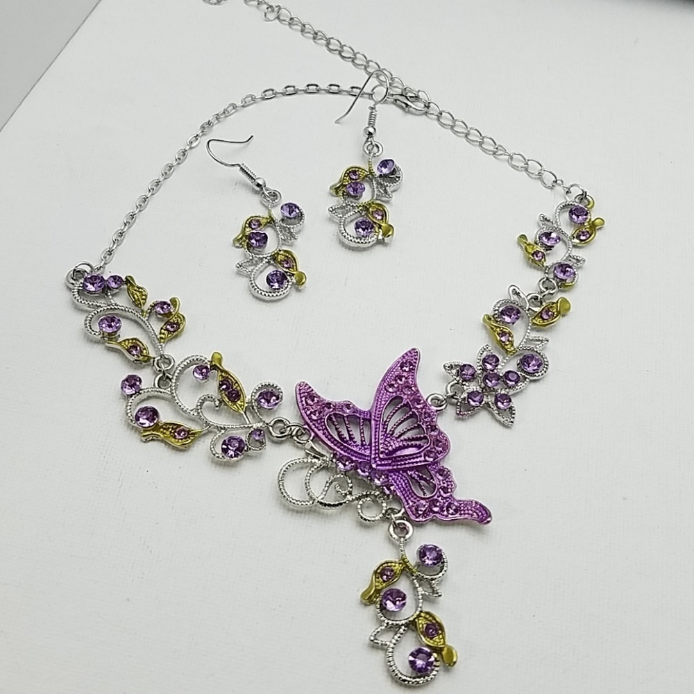 Butterfly Vine Silver Tone Necklace & Earrings Set